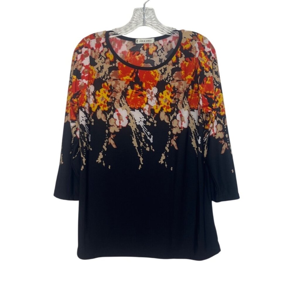 Jon & Anna Floral Print Tunic Top Womens Medium Orange Black